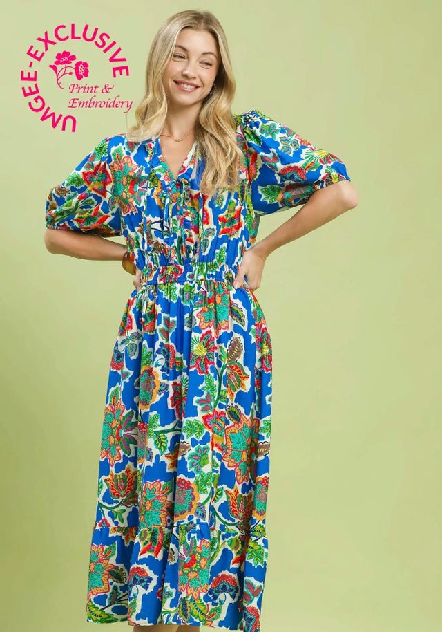 knee length dresses for ladies Umgee Leaf Print Tiered Midi Dress