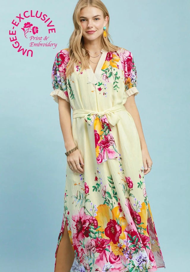 knee length dresses for ladies Umgee USA Swiss Dot Jacquard Tiered Maxi Dress – Houser Shoes