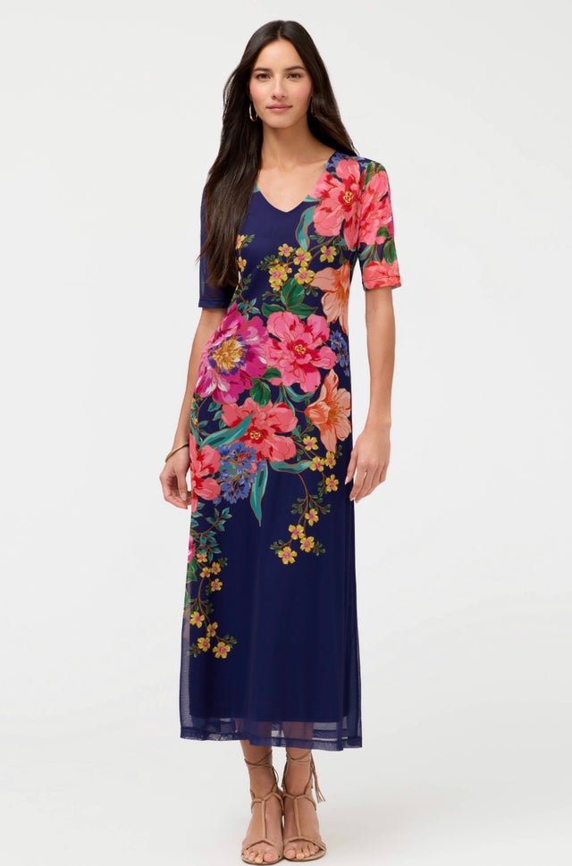 johnny was peacock mesh dress Johnny Was Peacock Mesh Black Maxi Dress Slip Long Floral Short Sleeve Large NEW